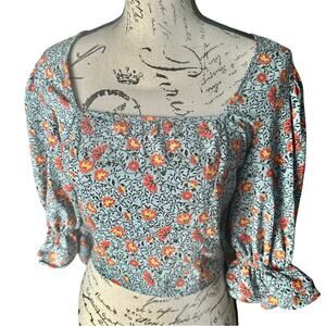 Sienna Sky Western Rodeo Dusty Blue Orange Floral Crop Top, Smocked Size S NWT